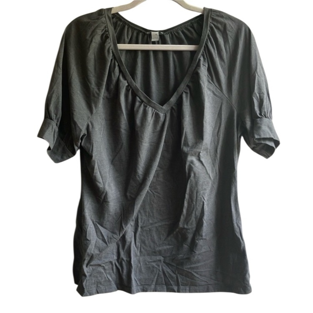 Old Navy Gray Puff Sleeve Short Sleeve V-Neck Shirred Top Size XL Feminine Basic